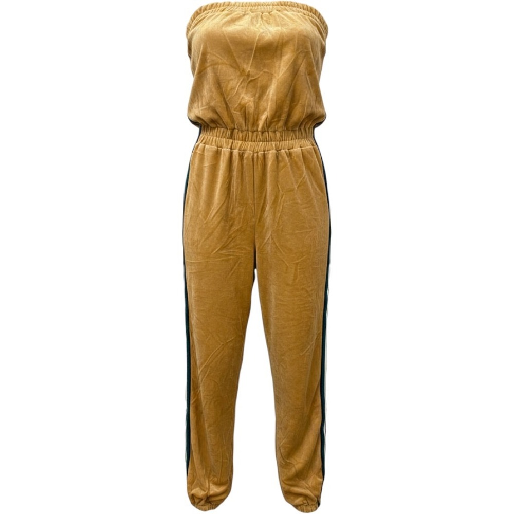 NWT Better Be Velour Strapless Jumpsuit Gold Mustard Athleisure Varsity Stripe L